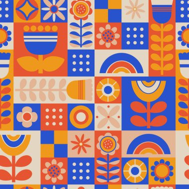 Geometrik soyut çiçekli, dikişsiz desen. Renkli minimalizm çiçekli ve şekilli tekrarlanabilir döşeme dizaynı. Vektör çizimi. El çizimi düz biçim