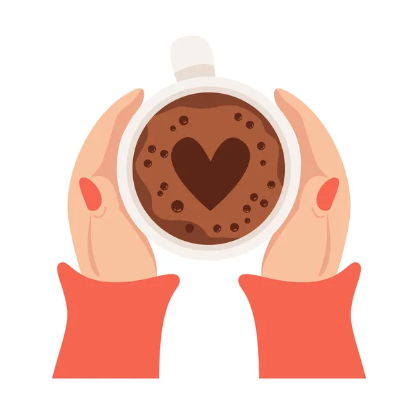 Kadın Eli Sıcak Kahve Fincanına Sarılıyor Üst Manzara Kalpli Sıcak — Stok Vektör