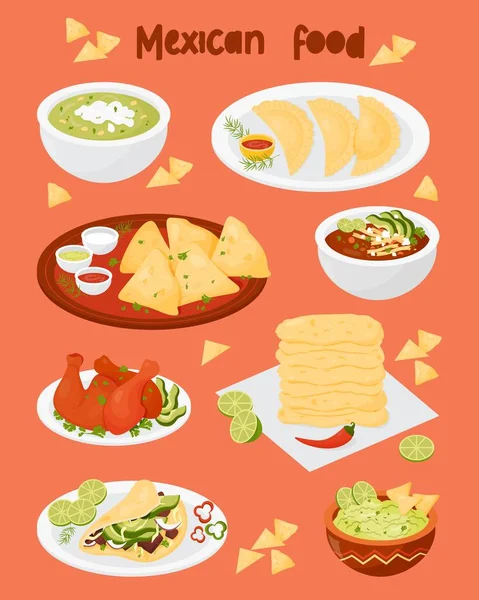 Set Mexikanische Speisen Quesadilla Taco Empanadas Maistortillas Achiote Chicken Grüne — Stockvektor