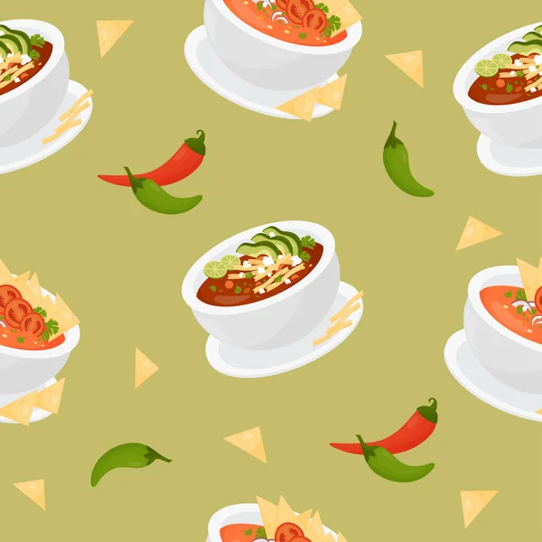 Seamless Pattern Mexican Traditional Tomato Soup Tortilla Chips Green Background — Stock Vector