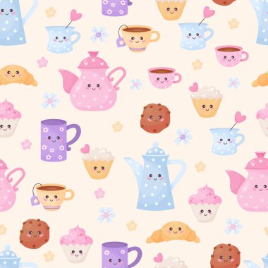Sevimli karakterli kusursuz desenli kahve fincanları, çaydanlıklar, kurabiyeler, kruvasan ve açık sarı arka planda kek. Vektör çizimi. Komik tatlılar ve yemeklerin olduğu sonsuz bir geçmiş.