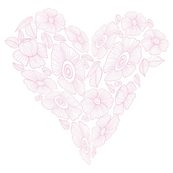 Çiçekli Kalp Şeffaf Arkaplanda Pembe Çizgisel Harika Papatya Çiçeği Deseni — Stok Vektör