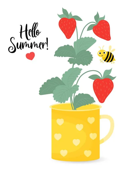 ポスターこんにちは夏 ベリーとかわいい蜂のカップでイチゴの枝 漫画のフラットスタイルのベクトルイラスト — ストックベクタ