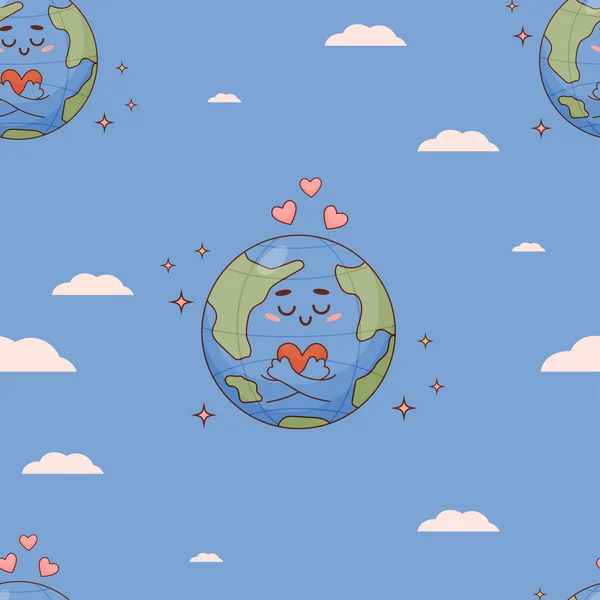 Cute Bezszwowy Wzór Postacią Kreskówki Kochane Planety Ziemia Sercem Niebieskim — Wektor stockowy