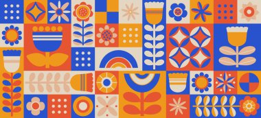 Minimalist geometrik desen. Modern soyut arka plan. Vektör çizimi. Renkli çiçek, şekiller, elementler ve biçimler. El çizimi biçimi düz