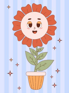 Retro karikatür çiçek gücü. Saksıda harika bir papatya çiçeği. Klasik maskot karakterinin vektör çizimi. Dikey, modern nostaljik poster. Hippi 60 'lar, 70' ler, tarz