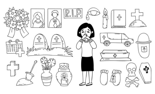 Les Gribouillis Vectoriels Symbolisent Mort Les Funérailles Femme Malheureuse Tombe — Image vectorielle