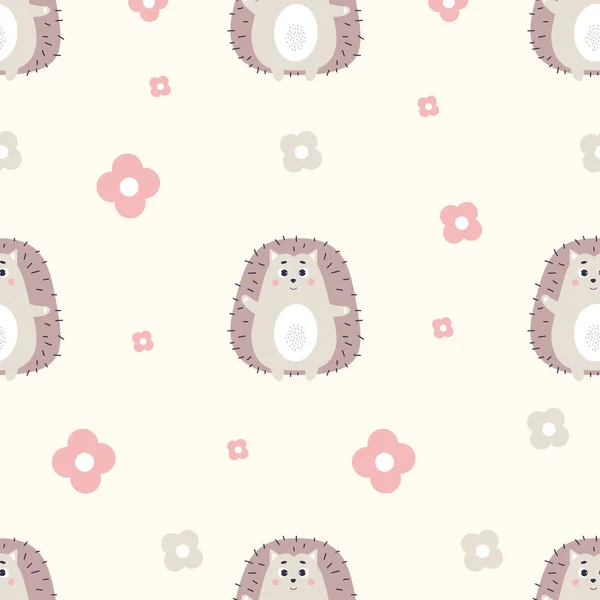 Seamless Pattern Cute Hedgehog Light Background Flowers Vector Illustration Baby — Stock Vector