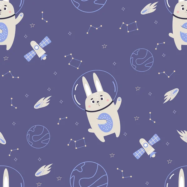 Patrón Inconsútil Del Espacio Lindo Conejo Astronauta Con Planetas Estrellas — Vector de stock