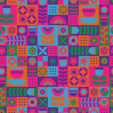 Geometrik soyut, dikişsiz desen. Çiçekler ve şekillerle tekrarlanabilir minimalizm desenli fayans tasarımı. Vektör çizimi. El çizimi düz biçim