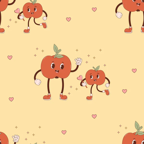 Retro Naadloos Patroon Gelukkige Stripfiguren Appel Groovy Fruit Familie Gele — Stockvector