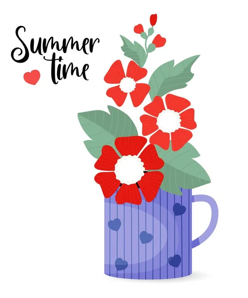 Red Mallow Flowers Leaves Cup Postcard Summer Time Vector Illustration — Stock Vector