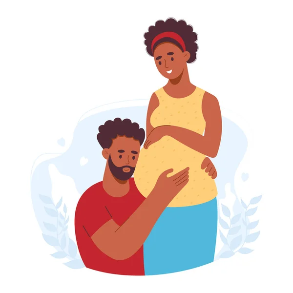 Šťastná Rodina Etnický Pár Tmavou Pletí Očekává Dítě Těhotná Žena — Stockový vektor