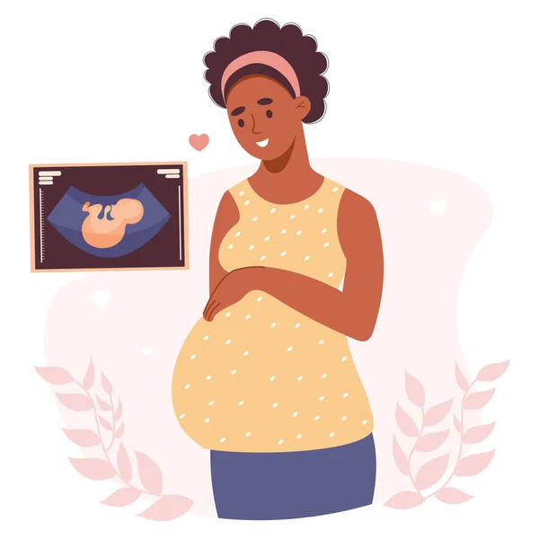 快乐的怀孕黑人女性和她孩子的第一张超声照片 矢量图解 用平淡的卡通风格可爱的未来的母亲 — 图库矢量图片