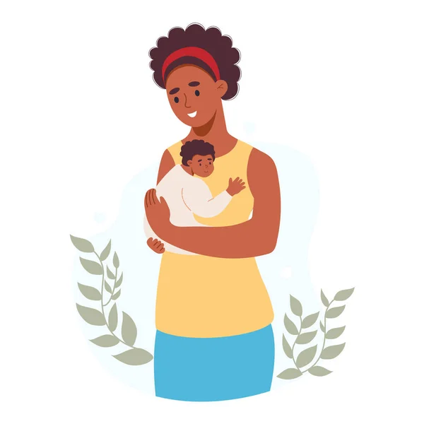 Glückliches Schwarzes Mädchen Mit Neugeborenem Nette Ethnische Frau Umarmt Baby — Stockvektor