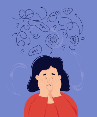 Depresyondaki yalnız kadın ve umutsuzluk yüzünü avuç içleriyle kapatıyor. Zihinsel bozukluk, cevap arayışı ve kafa karışıklığı. Kız zor sorunları çözmeye çalışıyor. Düz vektör illüstrasyonu