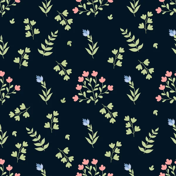 Florales Nahtloses Muster Verstreute Blumen Und Blätter Auf Schwarzem Hintergrund — Stockvektor