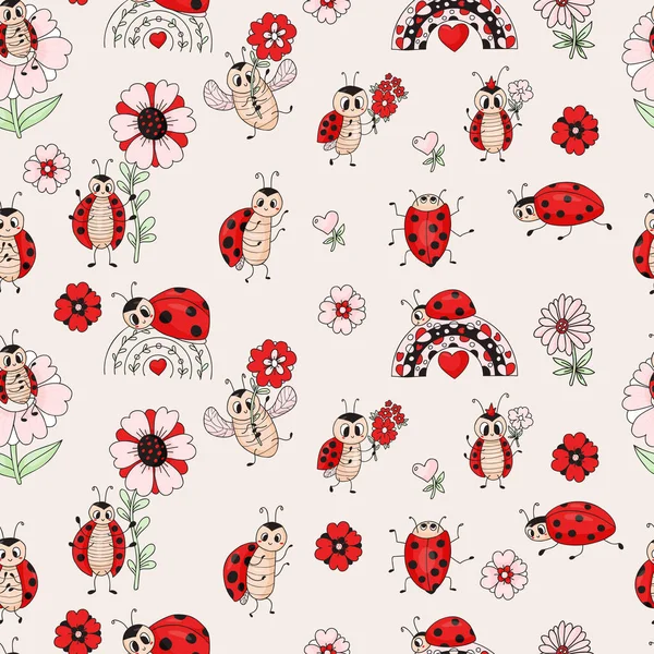 Stock vector Seamless pattern with cute ladybugs with flowers and rainbow on light background. Vector illustration. Endless background for decor, design, textiles, packaging, wallpaper