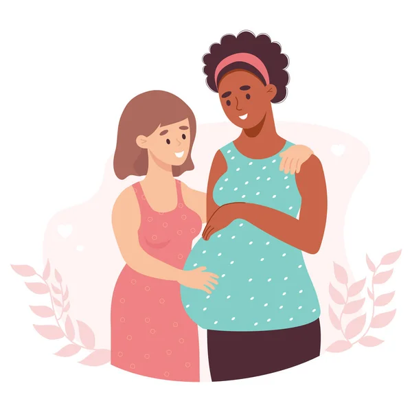 快乐的Lgbt家庭多种族女同性恋家庭 肤色浅的女孩 与怀孕的黑人妇女 矢量插图为平面卡通风格 两性关系的概念 代孕母亲 — 图库矢量图片