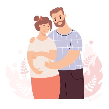 Mutlu bir aile. Hamile, yetişkin bir kadın ve koca. Açık tenli çift bebek bekliyor. Vektör çizimi. Gelecekteki ebeveynler, hamilelik anneliği, ebeveynlik kavramı.