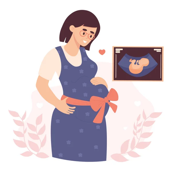 快乐的孕妇和她孩子的第一张超声照片 矢量图解 可爱的未来的母亲 她的肚子上的弓在平坦的卡通风格 — 图库矢量图片