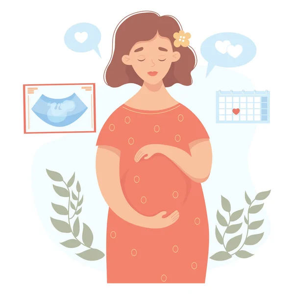 Glückliche Schwangere Und Das Erste Ultraschallbild Ihres Kindes Vektorillustration Nette — Stockvektor