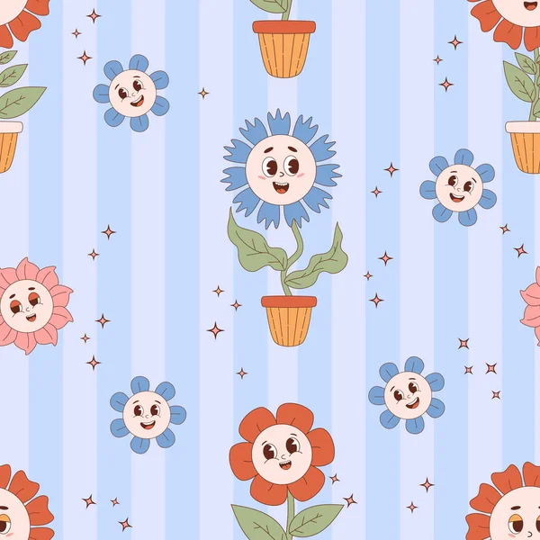 Retro Seamless Pattern Groovy Flowers Power Blue Striped Background Vector — Stock Vector