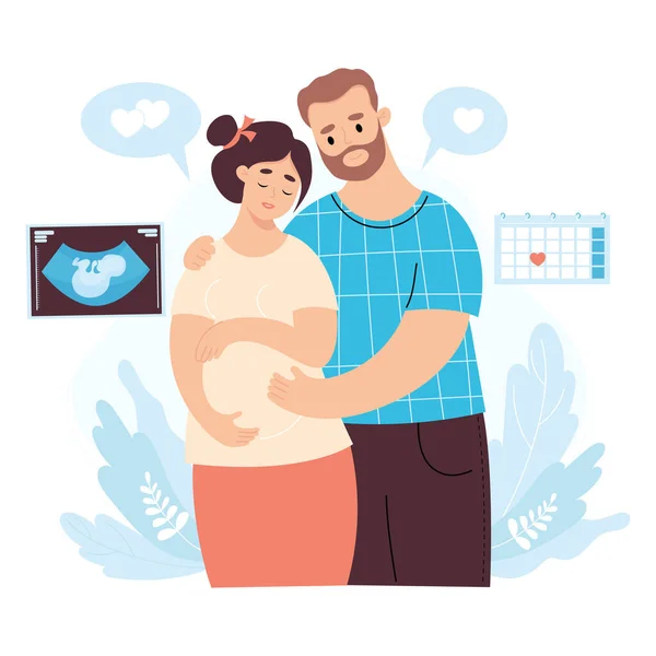 Glückliche Familie Hellhäutiges Paar Erwartet Baby Schwangere Frau Und Ehemann — Stockvektor