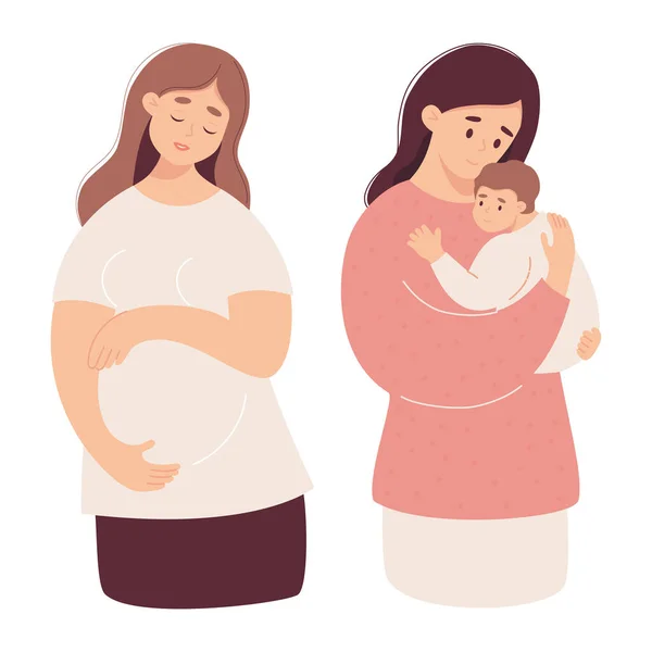 Schwangerschaft Und Mutterschaft Nettes Glückliches Schwangere Mädchen Und Junge Mutter — Stockvektor