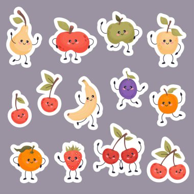 Tatlı çıkartmalar çizgi film karakterlerinin meyveleri. Elma, armut, çilek, muz, erik, kayısı, kiraz ve mandalina. Vektör çizimi. Düz stil komik yemek emojisi koleksiyonu