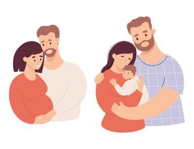 Hamile bir kadınla tatlı bir çift ve yeni doğmuş bir bebek. Mutlu bir aile. Vektör çizimlerini düz bir şekilde izole et. Gelecekteki ebeveynler, hamilelik anneliği, ebeveynlik kavramı.