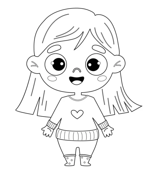 Jolie Petite Fille Heureuse Schéma Dessin Livre Coloriage Illustration Vectorielle — Image vectorielle
