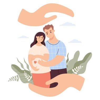 Mutlu bir aile bebek bekliyor. Eller hamile kadınları ve kocaları korur. Vektör çizimi. Gelecekteki ebeveynler, hamilelik anneliği, ebeveynlik, bakım ve koruma kavramı
