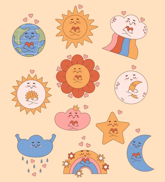 Погода Гроувських Ретро Мультиплікаційних Персонажів Симпатичне Емальоване Сонце Місяць Хмара — стоковий вектор