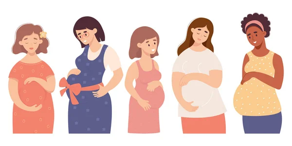 Schwangerschaft Kollektion Niedliche Schwangere Diversität Hellhäutige Und Dunkelhäutige Ethnische Mädchen — Stockvektor