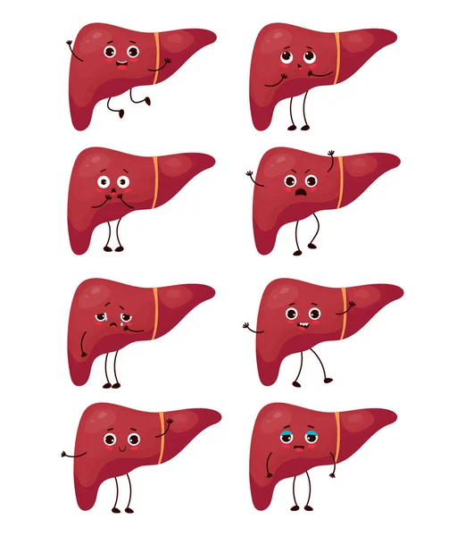 stock vector Collection cartoon liver. Human organ character with different emotions. Vector illustration. Isolated funny mascot for design and decoration medical themes