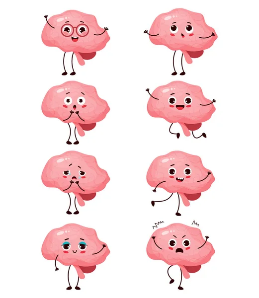 stock vector Collection cute cartoon character brain. Human organ central nervous system with different emotions. Happy, sad, crying, surprised, angry and delighted. Isolate vector illustrations