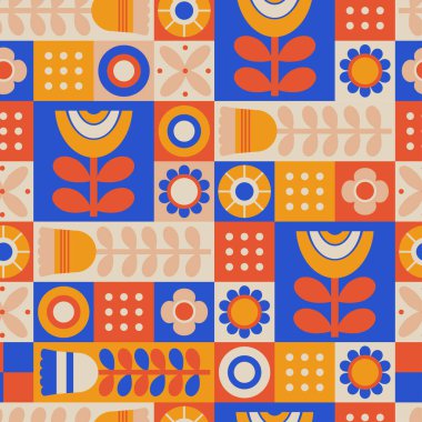 Geometrik modern, soyut, dikişsiz desen. Renkli, minimalist, tekrar edilebilir desenli, çiçekli ve şekilli. Vektör çizimi. El çizimi düz biçim