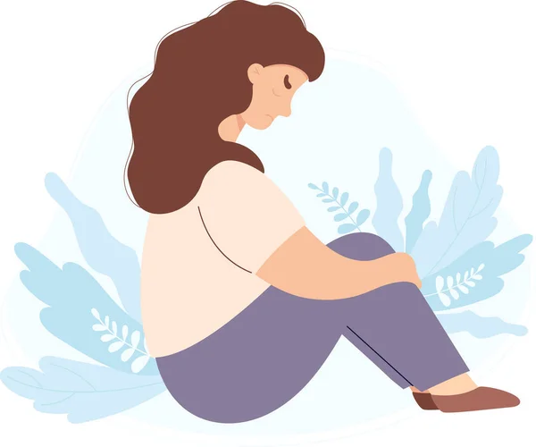 悲しい孤独な不幸な女性が座って 彼女の膝を抱擁 ストレスやうつ病のために底に閉じ込められた人の概念 平型ベクトルイラスト — ストックベクタ