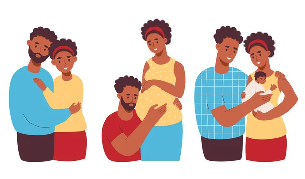 建立快乐的黑人家庭 可爱的种族夫妇与孕妇和对新生儿 用卡通平面风格的孤立向量图解 怀孕母亲 养育子女的概念 — 图库矢量图片