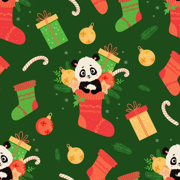 stock vector Seamless pattern with cute panda in Christmas boot with Christmas tree branches, balls and gingerbread on green background with gifts. Vector illustration in flat cartoon style