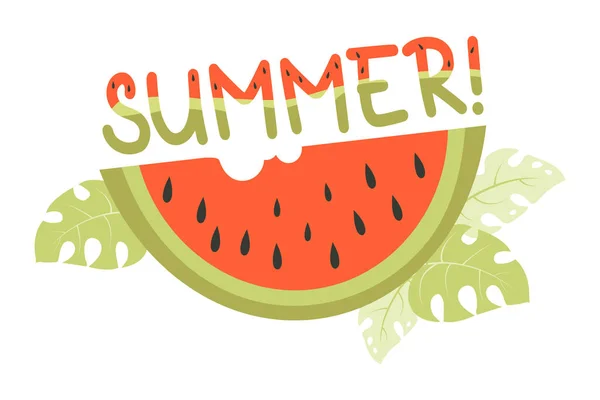 スイカとスイカのパターンを持つ単語の夏の食欲をそそる作品 デザイン 装飾のためのフラットスタイルのベクトルイラスト 夏のコンセプトカード — ストックベクタ