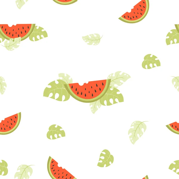 Seamless Pattern Watermelons Pieces Watermelon Tropical Leaves White Background Vector — Stock Vector