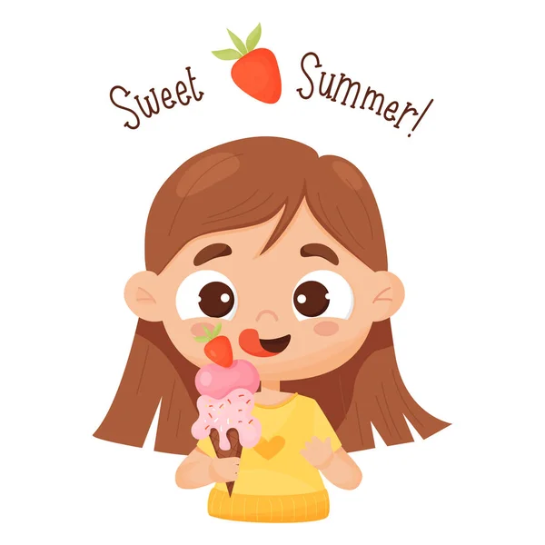アイスクリームと幸せな女の子 かわいい赤ちゃんのキャラクターは彼の唇をなめる 漫画風のベクトルイラスト 郵便はがき甘い夏 子供のコレクション — ストックベクタ