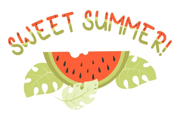 いい夏だ スイカを食欲をそそるピースとスイカのパターンで甘い夏の言葉 デザイン 装飾のためのフラットスタイルのベクトルイラスト かわいいコンセプトの夏のカード — ストックベクタ