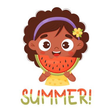 Bir parça karpuzlu mutlu siyah etnik kız. Sevimli çizgi film karakteri çocuk karpuz yiyor. Vektör çizimi. Yaz kartpostalı 