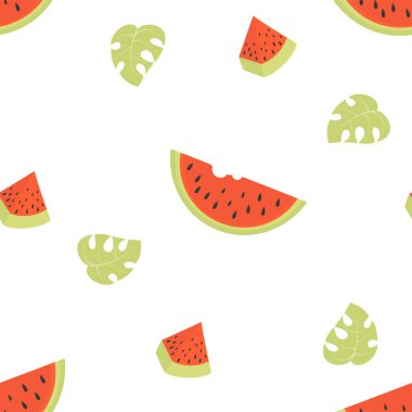 Beyaz arka planda karpuz deseni var. Düz biçimli vektör illüstrasyonu