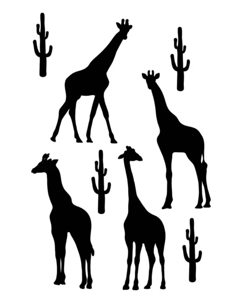 Coleção Silhuetas Girafa Animais Tropicais Africanos Ilustração Vetorial Desenhos Mão —  Vetores de Stock