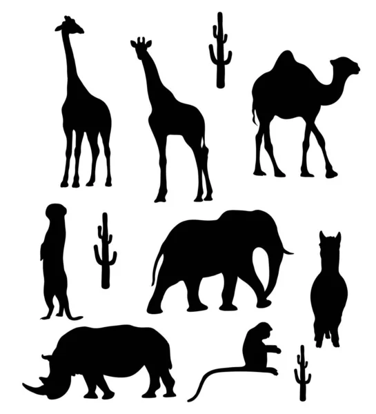 Collection Silhouettes Tropical Wild African Animals Vector Illustration Isolated Hand — Stock Vector