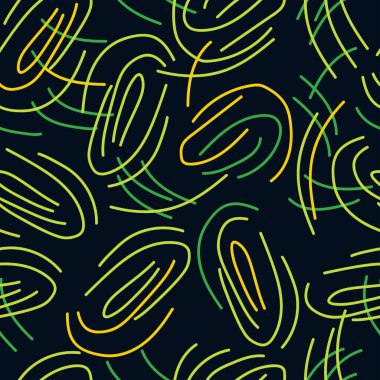 Geometrik soyut, dikişsiz desen. Siyah arkaplana yayılmış eğri çizgiler. Duvar kağıdı, ambalaj, tekstil ve modern tasarım için vektör çizimi